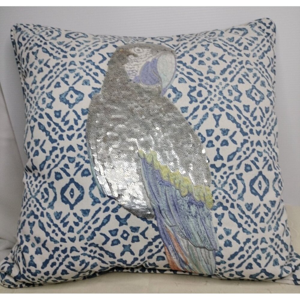 ALLEN + ROTH SEQUIN EMBROIDERED PARROT INDOOR/OUTDOOR PILLOW